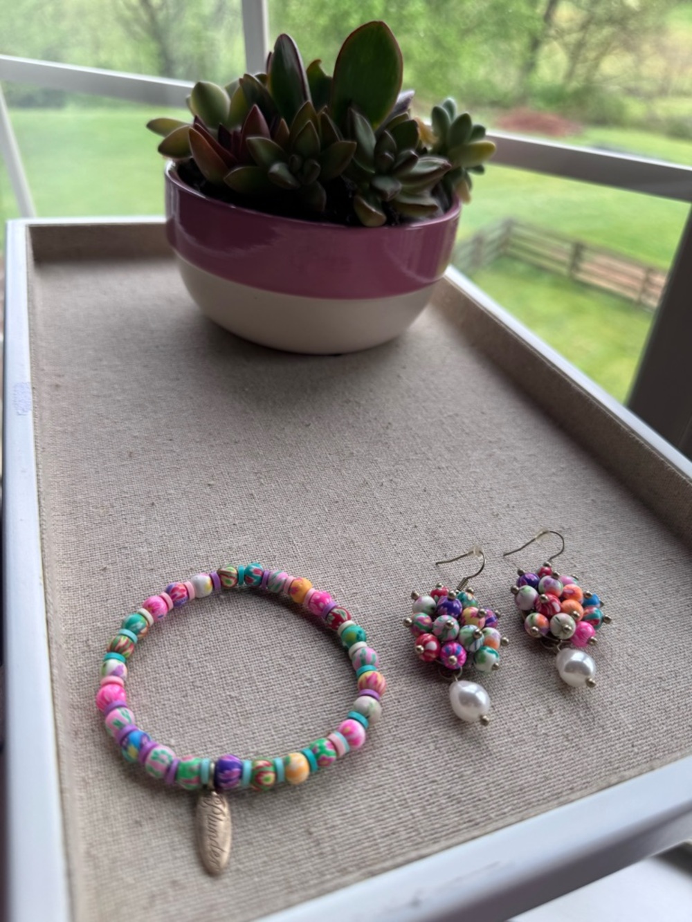 Colorful Floral Beaded Bracelet & Cluster Pearl Drop Earrings by Plunder